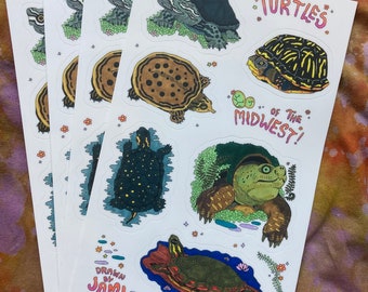May include: A set of four stickers featuring colorful illustrations of different turtle species. The stickers are printed on white paper and have a glossy finish. The stickers feature the text "Turtles of the Midwest!" and "Drawn by Jam!"