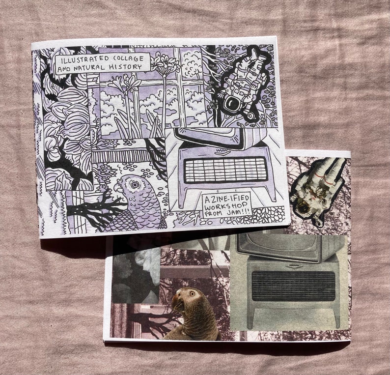May include: Two black and white zines with illustrated covers. The top zine has a title that reads "Illustrated Collage and Natural History". The bottom zine has a title that reads "A Zine-ified Workshop from JAM!!".