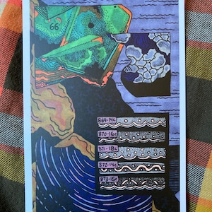 May include: A colorful art print with a geometric design. The artwork features a large green shape with the number "66" and a series of wavy lines with numbers. The background includes blue and tan elements.