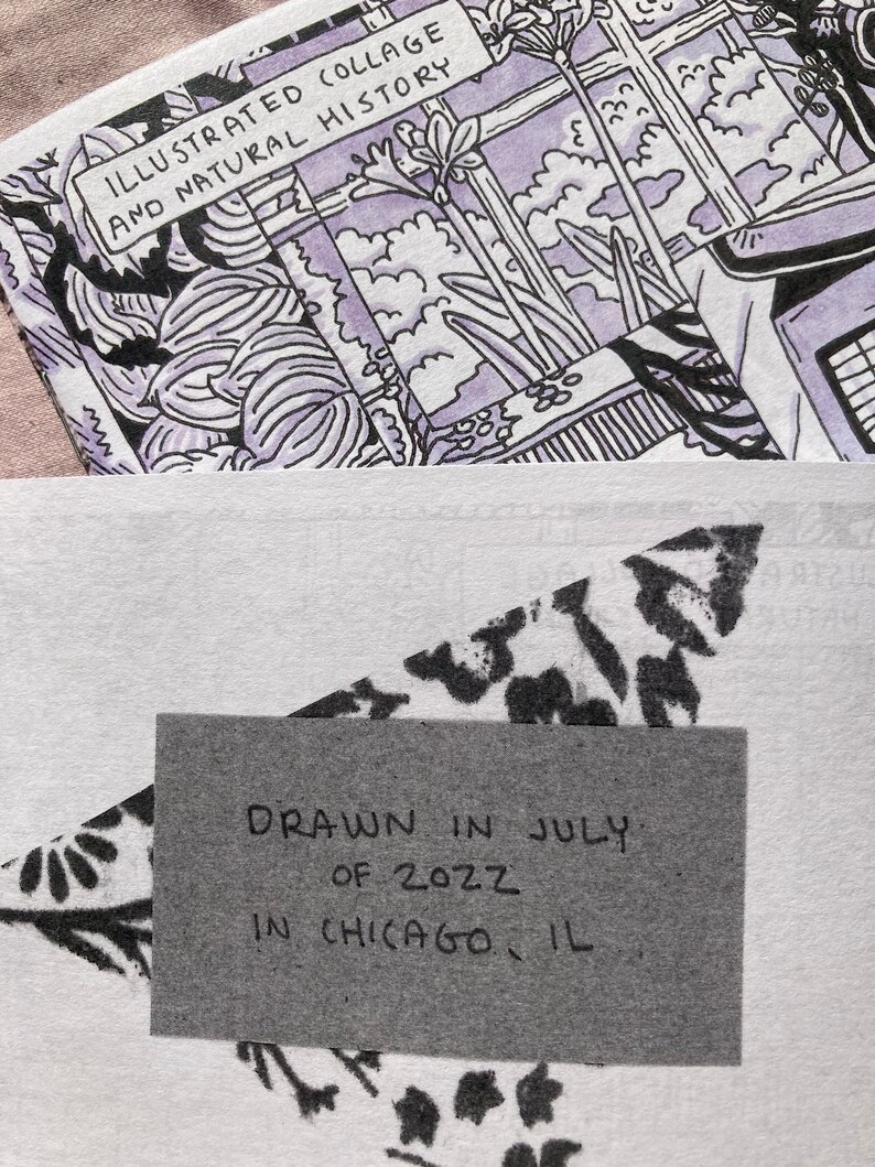 May include: A black and white illustration of a hand-drawn collage with the text "Illustrated Collage and Natural History" and a note that says "Drawn in July of 2022 in Chicago, IL."