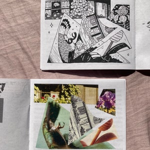 May include: A black and white illustration of a house with a window and a garden. The illustration is cut out and layered on top of a photo of a hummingbird in flight. The photo is on a white background.