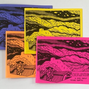 May include: A stack of four colorful zines with black line drawings of houses and landscapes. The top zine is pink and has the title "Overwintering: A Zine About Future Earths".