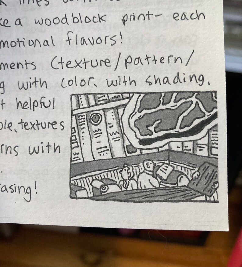 May include: Black and white illustration of a group of people sitting in a room with a large screen displaying a map. The screen is surrounded by shelves with books and other items. The people are looking at the screen.