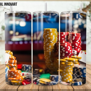 3D Enchanting Poker Cards and Chips Vegas style 20 oz Skinny Tumbler Sublimation Design - Tumbler Wrap - Instant Digital 300dpi -- V4