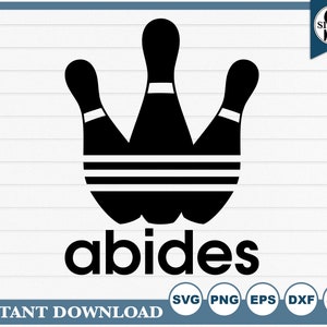 May include: Black and white graphic design of three bowling pins arranged in a crown shape with the word "abides" below. The design is reminiscent of a popular athletic apparel brand.