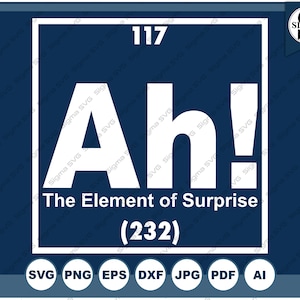 Könnte beinhalten: Ein blaues Quadrat mit weißem Rand enthält den Text "117 Ah! The Element of Surprise (232)". Der Text ist in fetter, serifenloser Schrift. Unter dem Quadrat befinden sich acht weiße Kreise mit dem Text "SVG", "PNG", "EPS", "DXF", "JPG", "PDF" und "AI" in schwarzer Schrift.