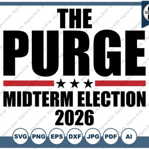 Può includere: Grafica nera e rossa con il testo "THE PURGE MIDTERM ELECTION 2026" con tre stelle sopra il testo "MIDTERM ELECTION".