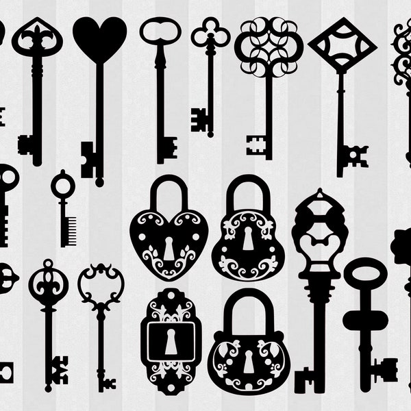 Vintage Skeleton Keys SVG Bundle - 100 Instant Downloads - Silhouette and Circuit Cut Files (20-svg 20-png 20-eps 20-jpg 20-dxf)