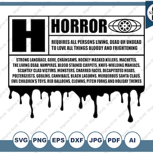 Puede incluir: Gr&aacute;fico en blanco y negro con la palabra "HORROR" y un icono de carrete de pel&iacute;cula. El texto dice: "Requiere que todas las personas vivas, muertas o no muertas amen todas las cosas sangrientas y aterradoras".