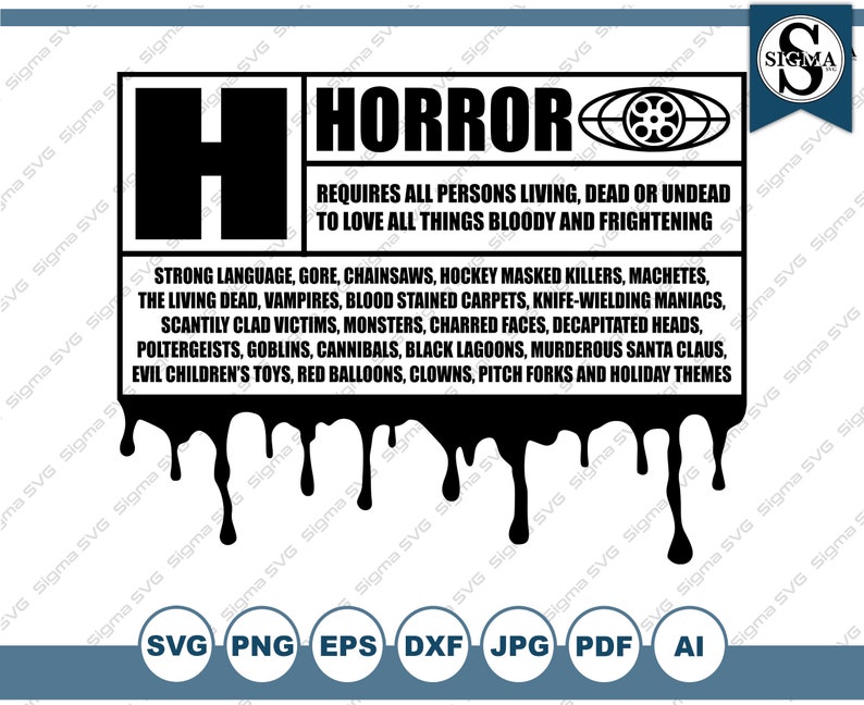 Puede incluir: Gr&aacute;fico en blanco y negro con la palabra "HORROR" y un icono de carrete de pel&iacute;cula. El texto dice: "Requiere que todas las personas vivas, muertas o no muertas amen todas las cosas sangrientas y aterradoras".