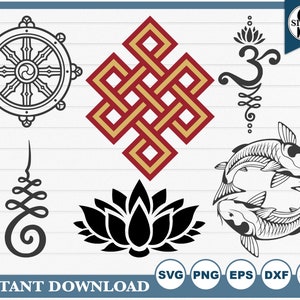 Ensemble de symboles bouddhistes SVG - 45 téléchargements instantanés - silhouette et fichiers de coupe circuit (6-svg 6-png 6-eps 6-jpg 6-dxf)