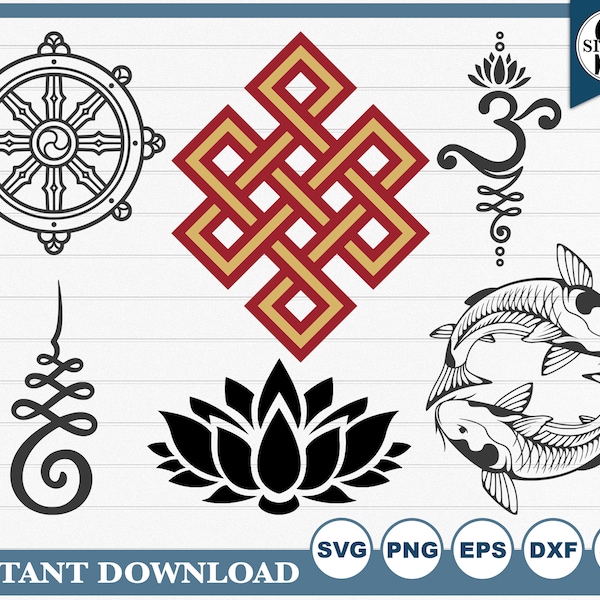 Buddhist Symbols Bundle SVG - 45 Instant Downloads - Silhouette and Circuit Cut Files (6-svg 6-png 6-eps 6-jpg 6-dxf)