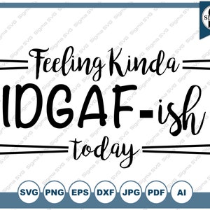 Pode incluir: Design gráfico de texto preto e branco com o texto "Feeling Kinda IDGAF-ish today" em uma moldura decorativa.