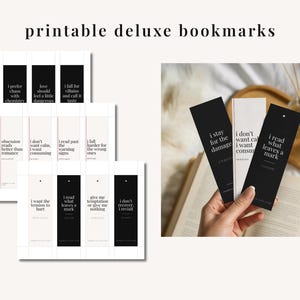 Peut inclure: Marque-pages de luxe imprimables en noir et blanc, avec des citations telles que "Je tombe pour les méchants" et "Je reste pour les dégâts". L'image montre plusieurs marque-pages, certains tenus au-dessus d'un livre ouvert.