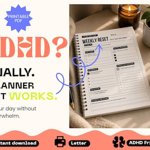 Peut inclure: Un agenda hebdomadaire à spirales avec du texte noir sur papier blanc, comprenant des sections pour les priorités, les tâches et les réflexions. Le côté gauche affiche le texte ADHD? FINALLY. A PLANNER THAT WORKS. Plan your day without the overwhelm. PRINTABLE PDF.