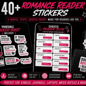 May include: A collection of romance reader stickers with quotes and texts. Includes a printable sticker sheet, chaotic reader texts, and stickers for water bottles and journals. Features a black water bottle and a notebook with stickers.