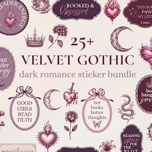 Velvet Gothic Dark Romance Digital Stickers, Printable Sticker Sheets, PNG Sticker Bundle, Book Lover Stickers, Gothic Planner Stickers