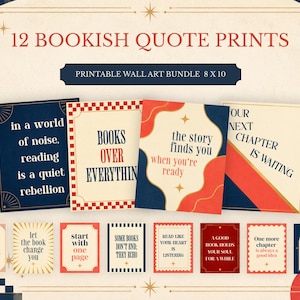 Peut inclure: Un ensemble de 12 affiches murales imprimables avec des citations sur les livres. Les designs utilisent une palette de bleu marine, crème et rouge avec diverses typographies. Le texte inclut des phrases comme in a world of noise, reading is a quiet rebellion, books over everything et your next chapter is waiting.