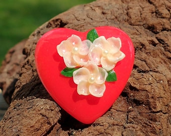 P47 - Red Heart with White Flowers / bar pin