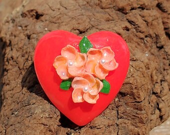 P49 - Red Heart with Orange Flowers / bar pin