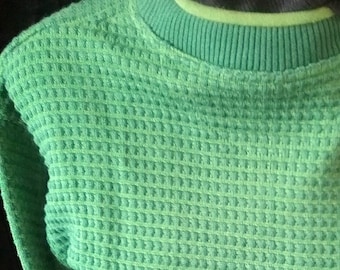 Sweater, knitted sweater, hand-knitted look, green tones waffle pattern, cotton, 3/ 4 sleeve, unisex, Caramasov, Vintage