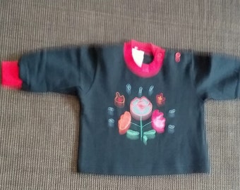 Jumper, sweatshirt, baby, long sleeve, with flowers, satin patches, red-blue-yellow, round neck, girl, sweetheart, vintage