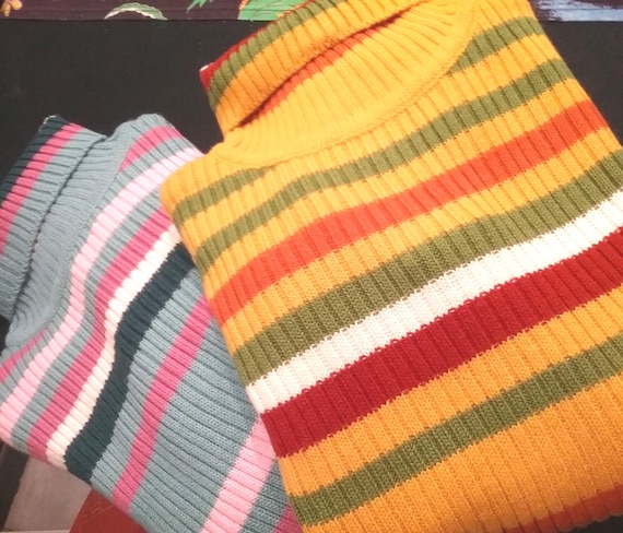 Sale 30% sweater, turtleneck, striped, yellow-orange-green-rust or light blue-pink-white-purple, Blue Seven, KIDS, Vintage