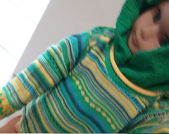 Sweater, pullover, transitional, cotton, striped, green- yellow- blue, KIDS, unisex, Whoopi, Vintage