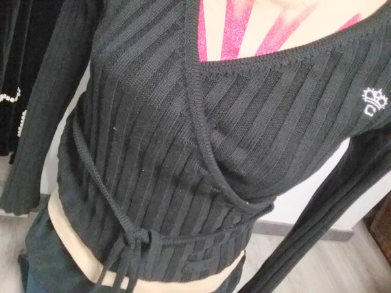 Sale 30% sweater, knitted sweater, wrap look, narrow fixed belt, black, wide ribbed, girls, women, girls, Camaro, vintage