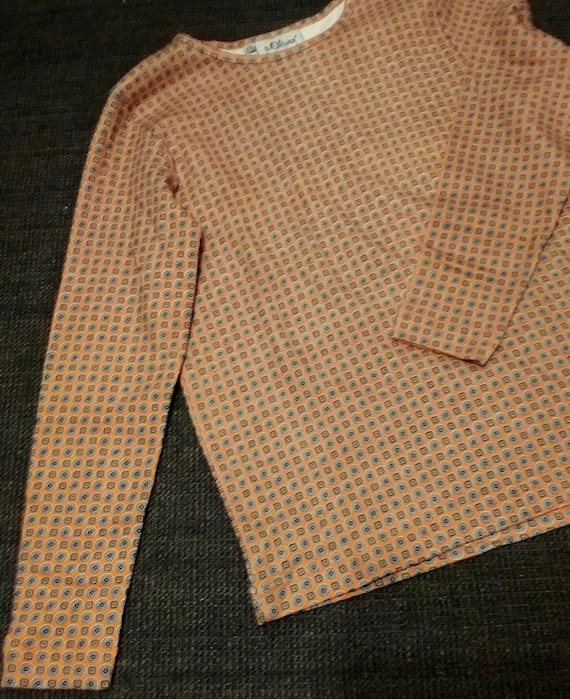 Sale 30% sweater, long-sleeved shirt, graphic allover print, orange-grey-white, girls, women, girls, S. Oliver, vintage