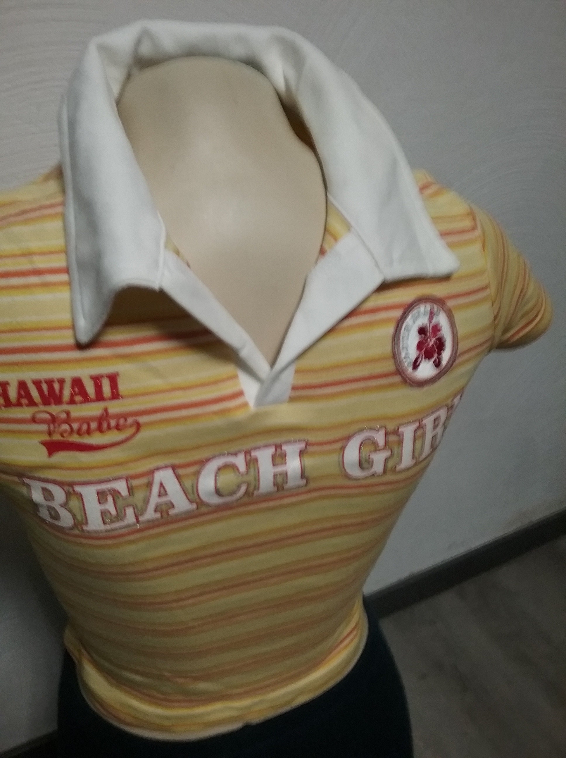 Camiseta, polo, manga corta, gráfico-Hawaii Beach Girl, amarillo-naranja, de  rayas, cuello, GRANDE, niña, mujer, Miss Rois, vintage -  México
