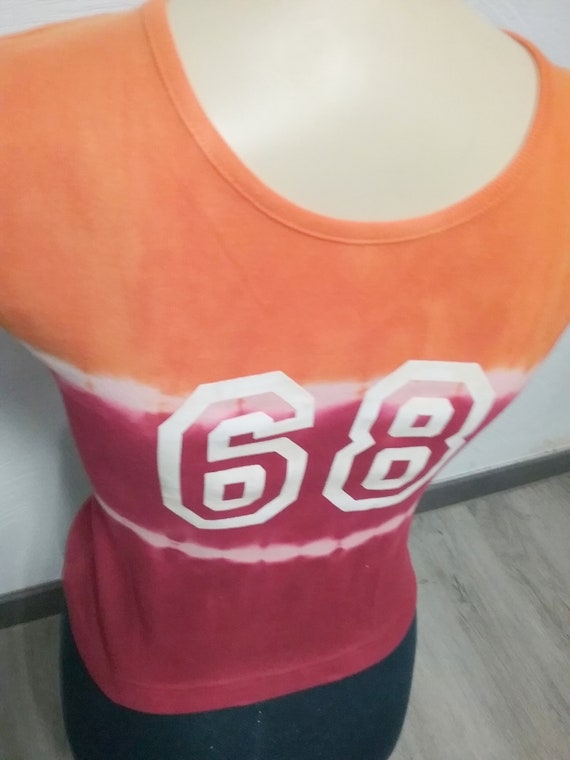 Tank top, sleeveless T-shirt, BATIK, graduated shades of blue + orange-burgundy with white, girls, women, Blue Seven, Vintage