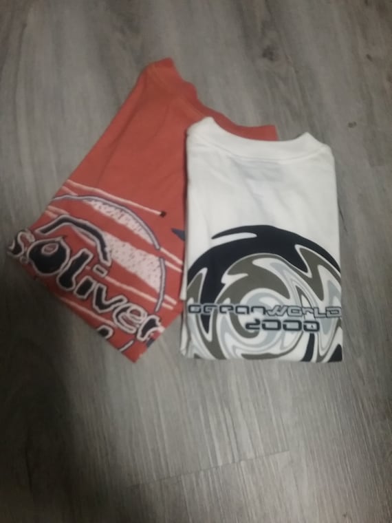 T-shirt, short sleeve, graphic, logo + back print, various motifs, white + orange, unisex, BIG size, S. Oliver, Vintage