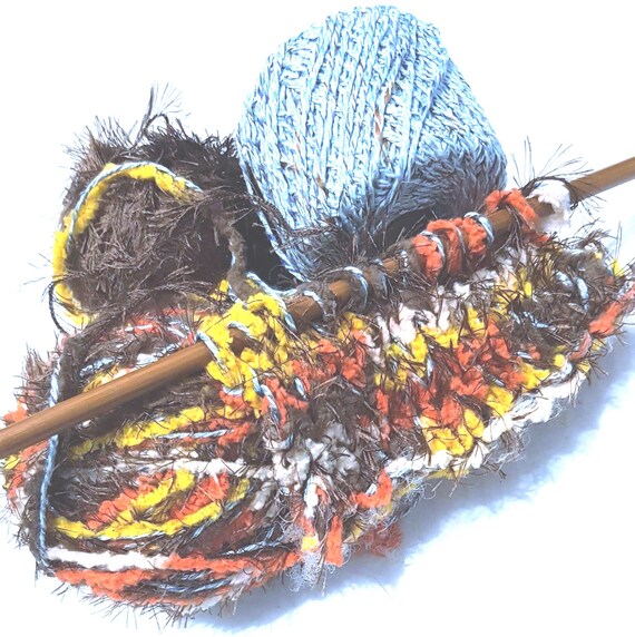 Wool, designer yarn mix, accent yarn/soft effect yarn/orange/brown/blue tones, various fiber types, hand-wound, vintage wool