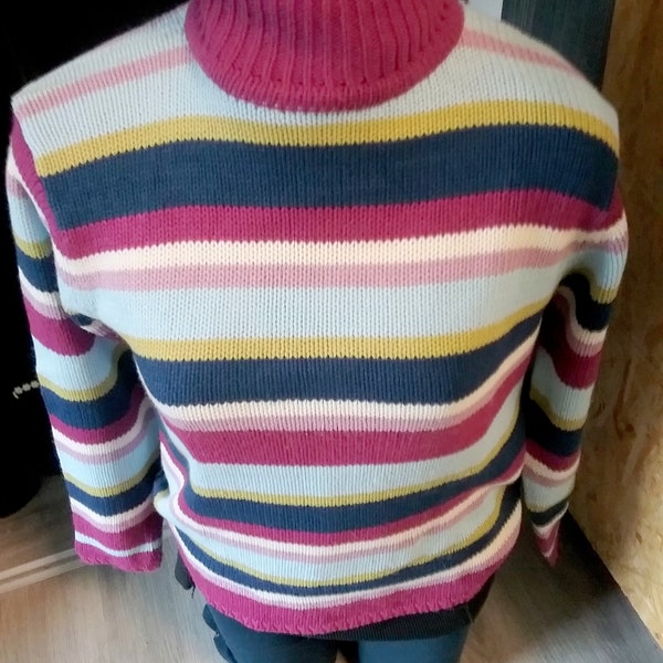 Pulli, Rollkragen, Turtle Neck, Handstrick-Optik, Kurzgröße BIG, Maßangabe, mehrfarbig - gestreift, Modern Style, Vintage