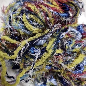 Wool, designer yarn mix, extra-soft novelty yarn, accent yarn, Lisette blue/multicolored, bobbles, fringed yarn, hand-wound, vintage wool