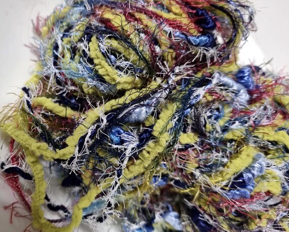 Wool, designer yarn mix, extra-soft novelty yarn, accent yarn, Lisette blue/multicolored, bobbles, fringed yarn, hand-wound, vintage wool