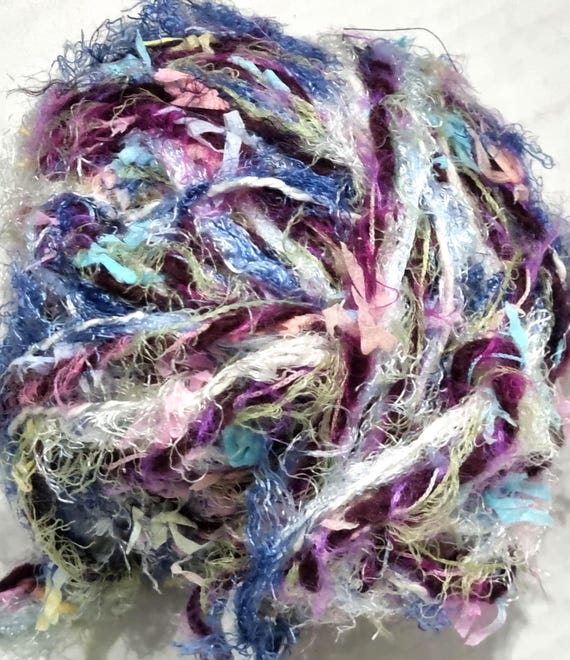 Wool, designer yarn mix, chunky wool, accent yarn/extra soft novelty yarn/ light blue-multicolored, hand-wound, vintage wool