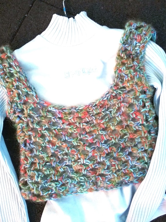 handmade, sweater, overshirt, short crochet top, one size, measurements, pumpkin-orange-light blue-green, material mix vintage