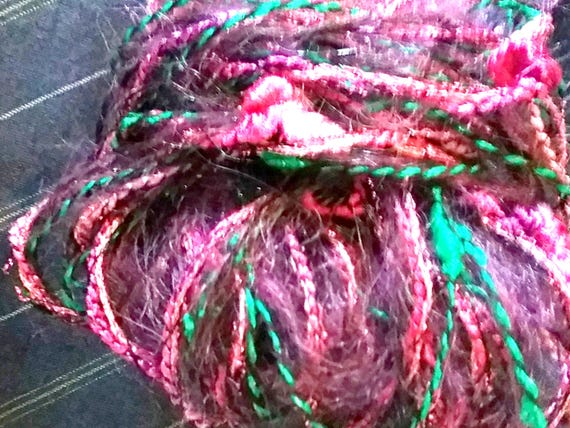Wool, designer yarn mix, shades of pink to burgundy, novelty yarn mix/extra thick, various fiber types, with mohair, lurex, viscose, bobbles, vintage