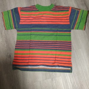 Sale 30% T-Shirt, short sleeve, stripes, striped, sleeve LOGO, orange-blue-green, gender, BIG size, measurements, Tokay Jeans, Vintage