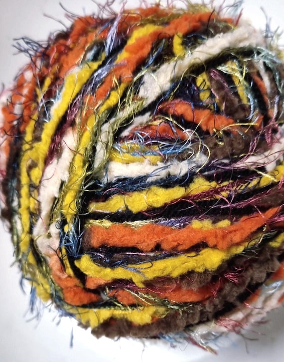 Wool, designer yarn mix, chunky wool, accent yarn/extra soft/ brown/orange/yellow/multicolored, for accessories, hand-wound, vintage wool