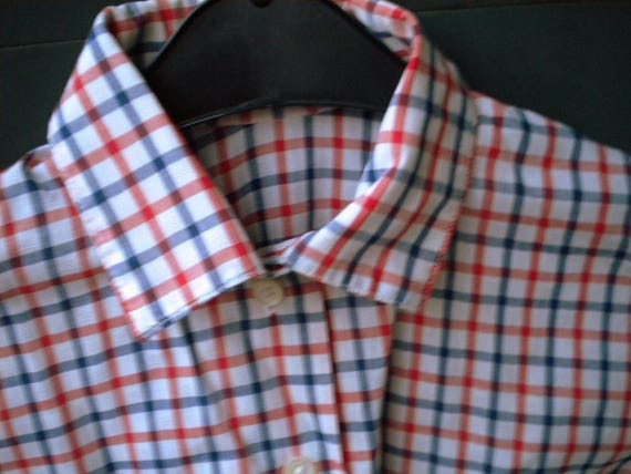 Sale 30% Second Hand, blouse, fitted/short, long sleeves/cuffs, collar, white/blue/red/checked, details, dimensions, one size, adult, vintage