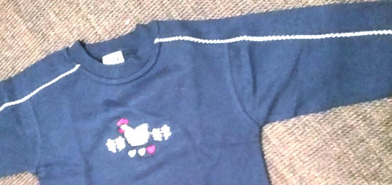 Sale 30% Sweater, sweatshirt, graphic patches, chicken, flowers, hearts, frontside, checked fabric, blue-red-white, girls, del Gado, vintage