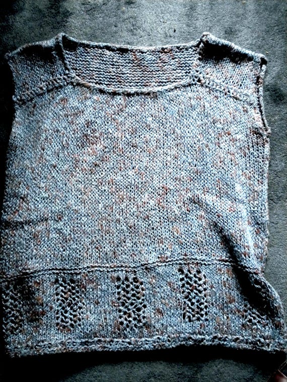 Handmade vest, casual knit shirt, cotton/linen/other fibers, blue with brown, size 44/46, measurements provided, vintage wool