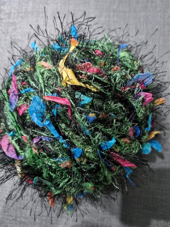 Wool, designer yarn mix, accent yarn/effect yarn/extra soft, Papyrus Live, black/multicolored, green fringe, hand-wound, vintage wool