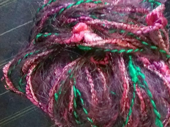 Wool, designer yarn mix, shades of pink to burgundy, novelty yarn mix/extra thick, various fiber types, with mohair, lurex, viscose, bobbles, vintage