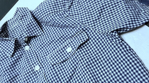Sale 30% Shirt/Blouse, short sleeve, check, size 46, extra wide, blue/white, shoulder yoke, collar, buttons, breast pocket, adult, gender, vintage