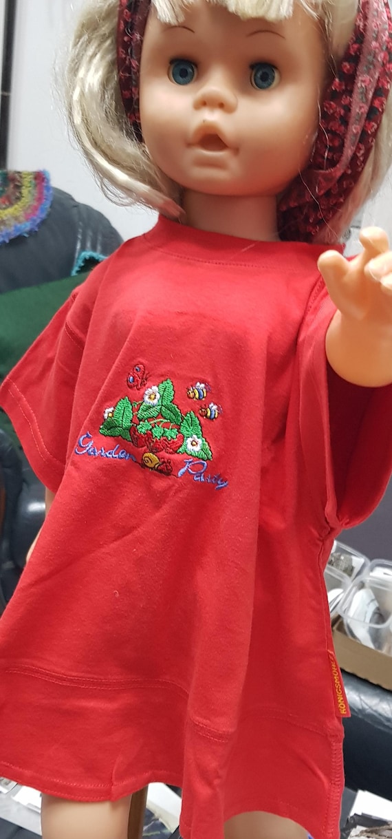 Sale 30% T-shirt, short sleeve, cotton, embroidery/Garden Party, red-colored, seam details, flared, KIds, girls, Whoopi, Vintage