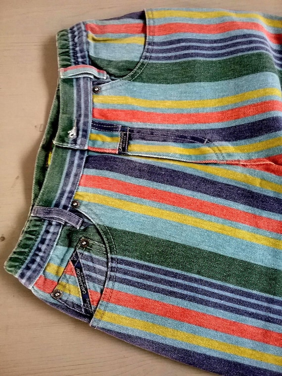 Sale 30% striped trousers, long, straight cut, turquoise/green/red/multicolored, pockets, belt loops, measurements, Young Fashion, Gender, Caramasov, Vintage